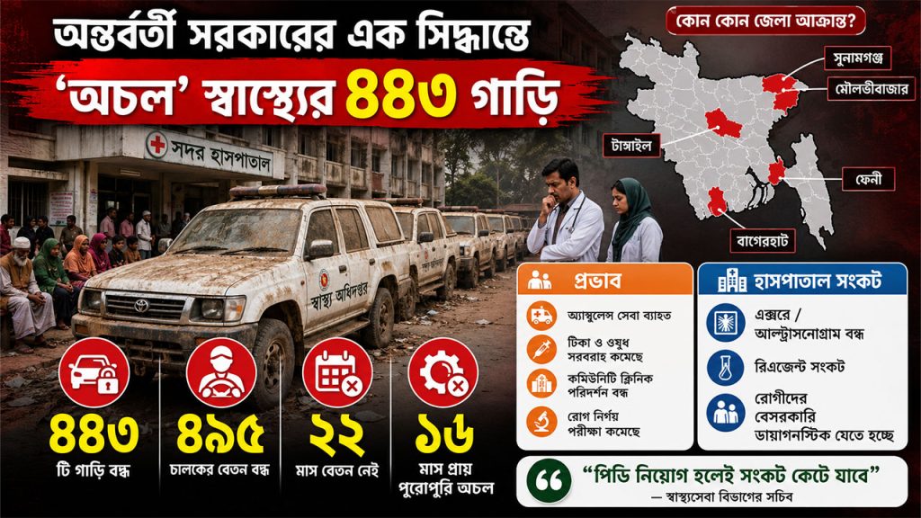 অন্তর্বর্তী সরকারের সিদ্ধান্তে থেমে গেছে স্বাস্থ্যসেবা, অকেজো ৪৪৩ গাড়ি